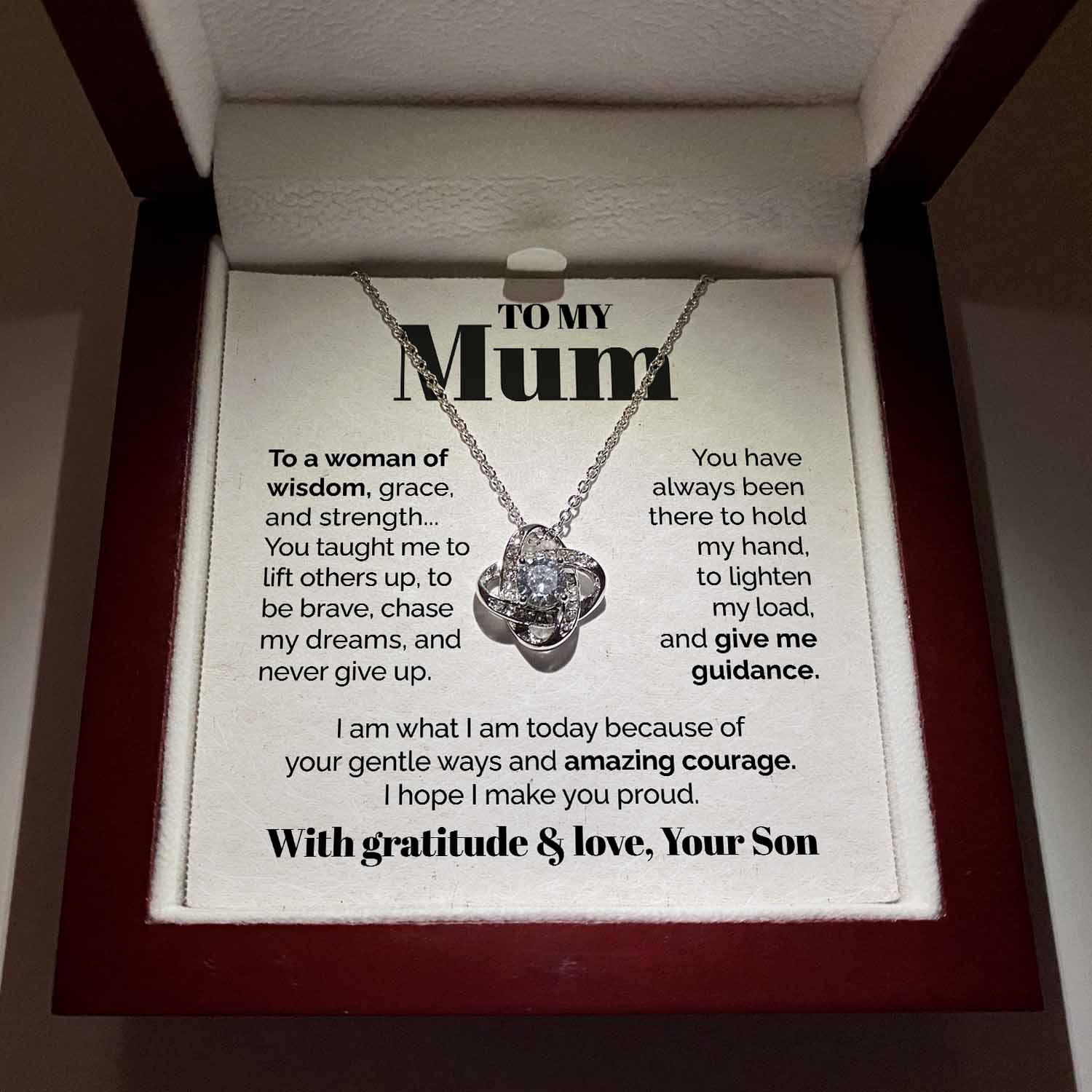 ShineOn Fulfillment Jewelry Mahogany Style Luxury Box (w/LED) To my Mum - To a Woman of Wisdom - Love Knot Necklace