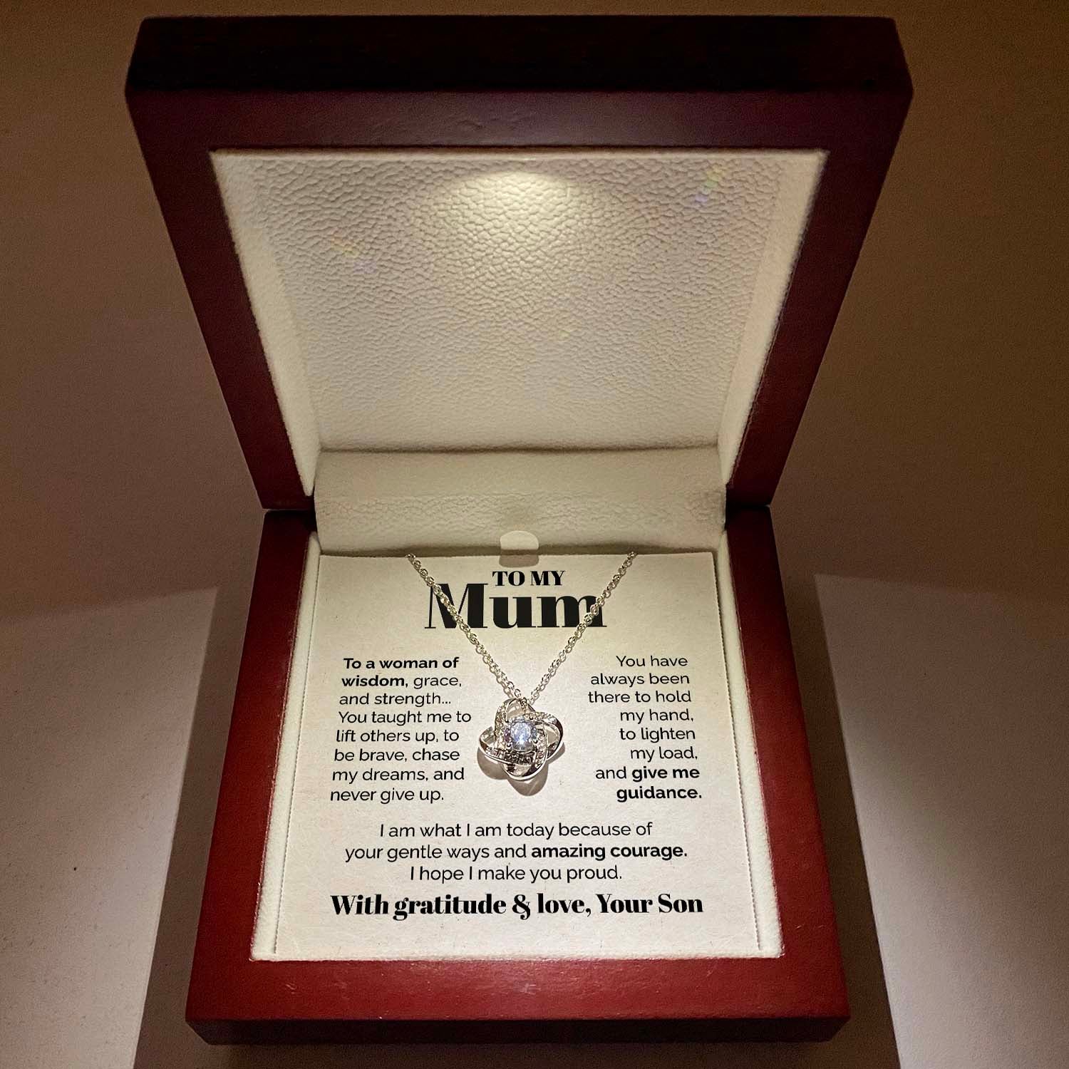 ShineOn Fulfillment Jewelry Mahogany Style Luxury Box (w/LED) To my Mum - To a Woman of Wisdom - Love Knot Necklace