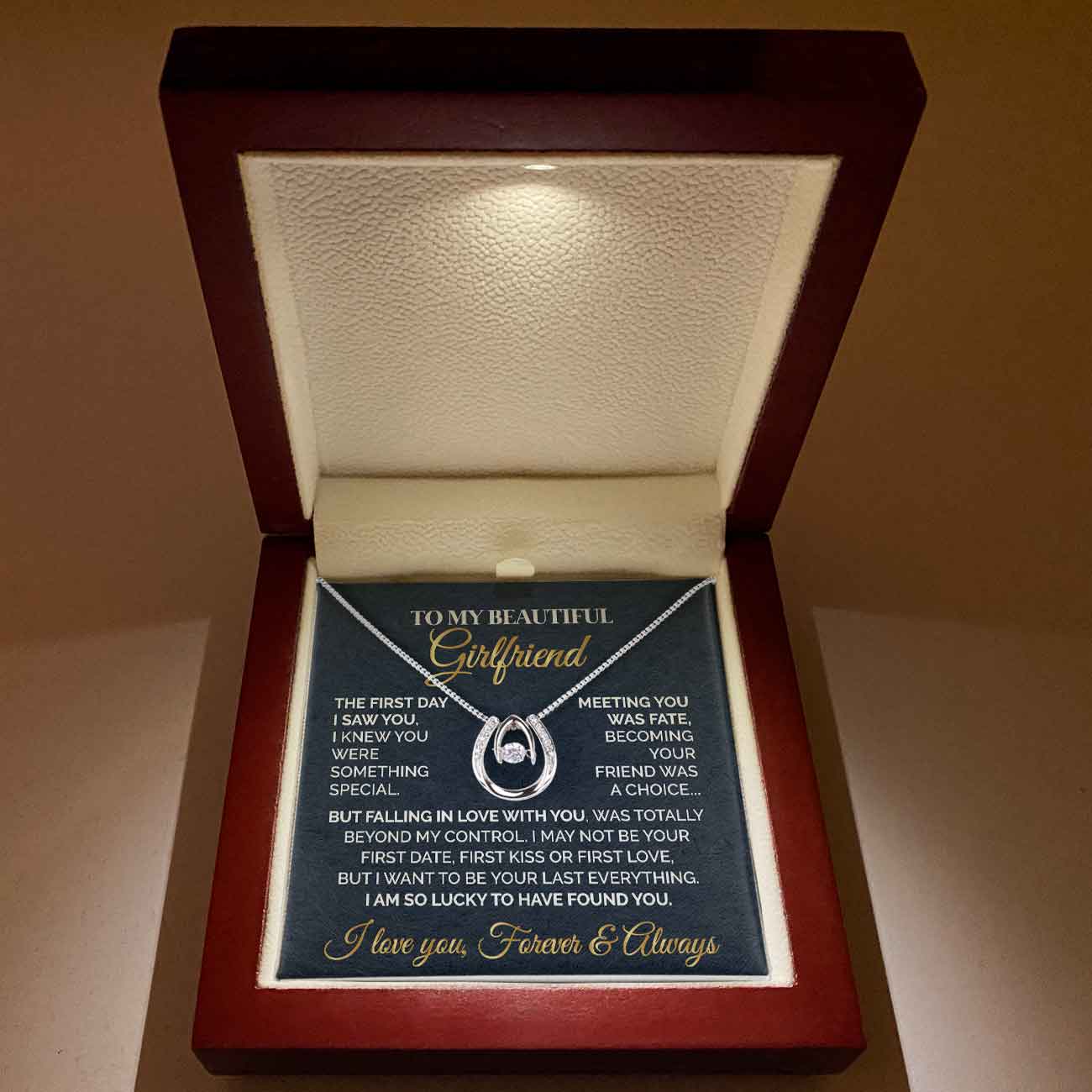 ShineOn Fulfillment Jewelry Mahogany Style Luxury Box with LED To My Beautiful Girlfriend - The First Day I Saw You - Lucky In Love Necklace