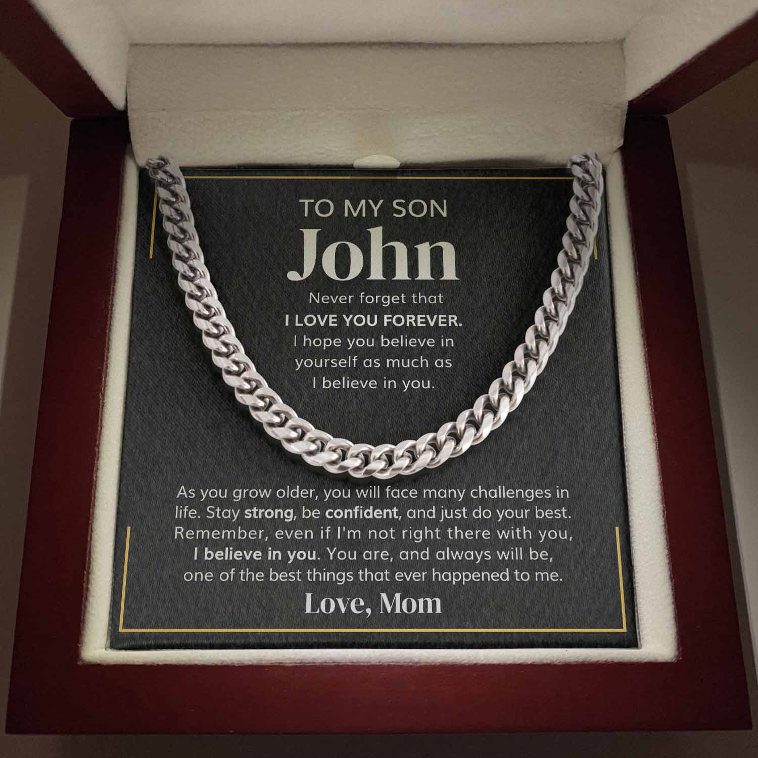 ShineOn Fulfillment Jewelry Stainless Steel / Luxury Box To my Son Custom Message Card - I Love You - Cuban Link Chain