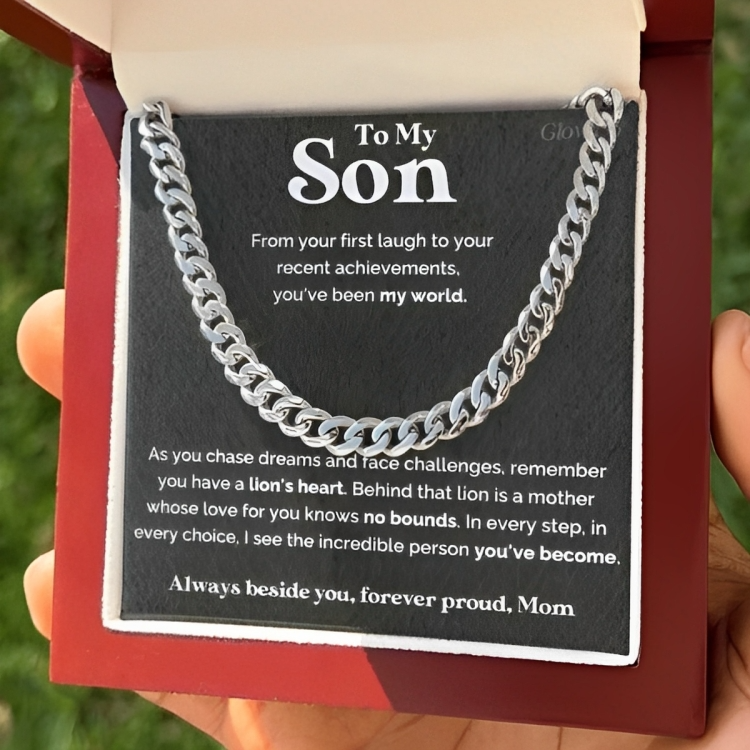 ShineOn Fulfillment Jewelry Stainless Steel / Luxury Box To my Son from Mom - Lion's heart - 5mm Cuban Link Chain