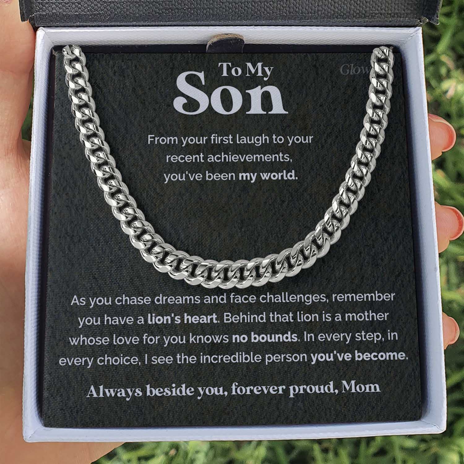 ShineOn Fulfillment Jewelry Stainless Steel / Standard Box To my Son from Mom - Lion's heart - 5mm Cuban Link Chain