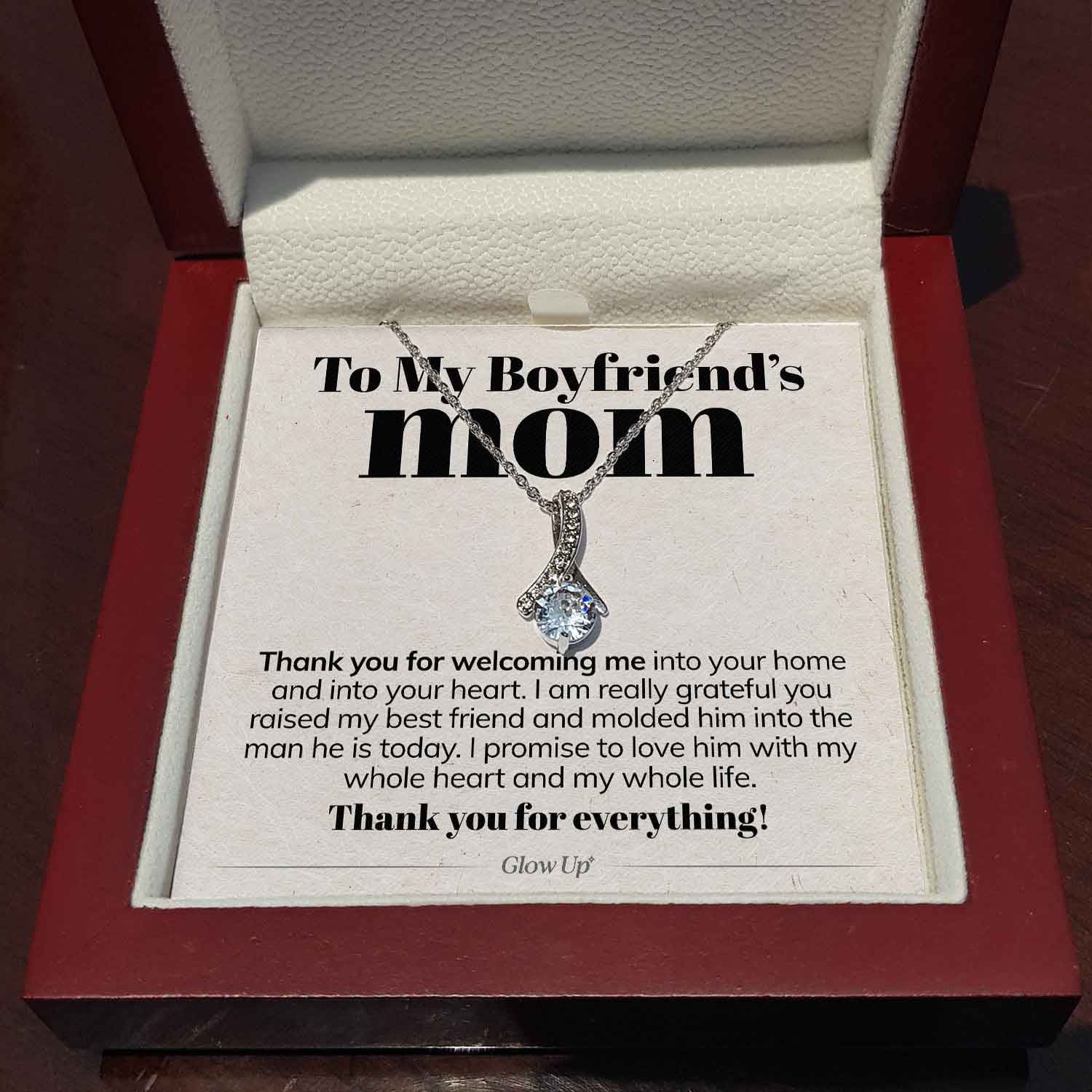 ShineOn Fulfillment Jewelry Standard Box To My Boyfriend's Mom - Thank You For Welcoming Me - Ribbon Necklace