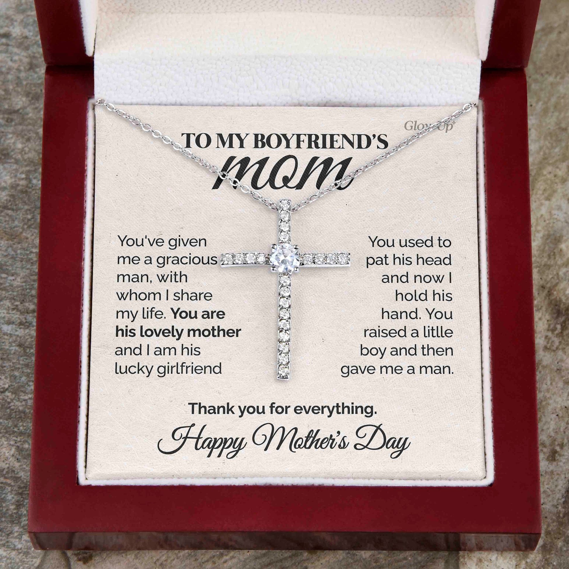 ShineOn Fulfillment Jewelry Two-Toned Box To my Boyfriend's Mom - Thank you - CZ Cross Necklace