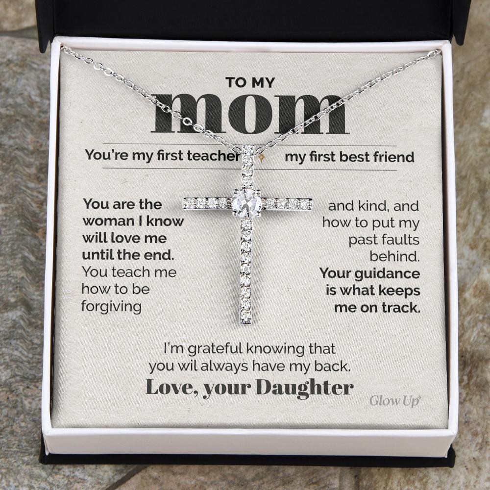 ShineOn Fulfillment Jewelry Two-Toned Box To my Mom - My First Teacher - CZ Cross Necklace