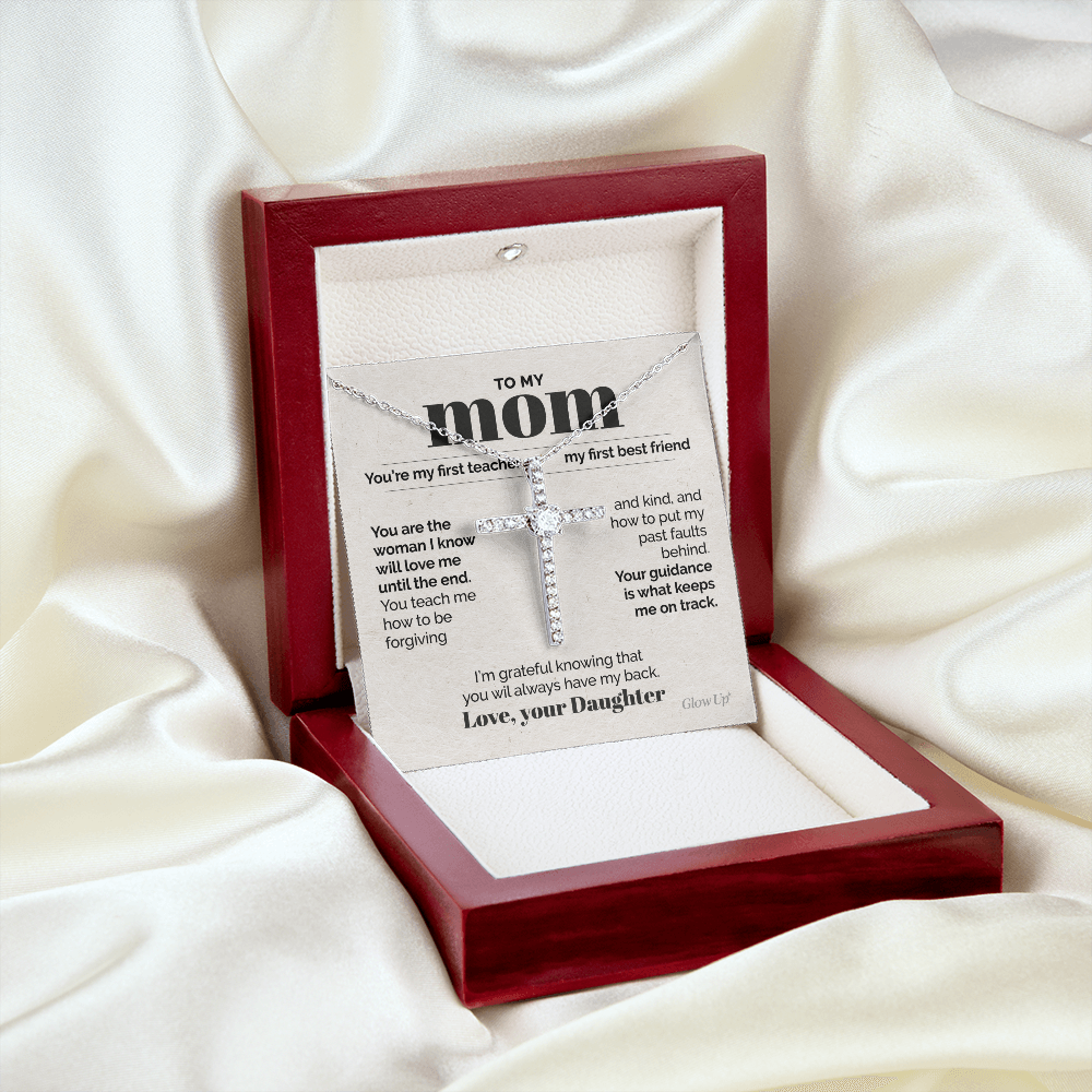 ShineOn Fulfillment Jewelry Two-Toned Box To my Mom - My First Teacher - CZ Cross Necklace