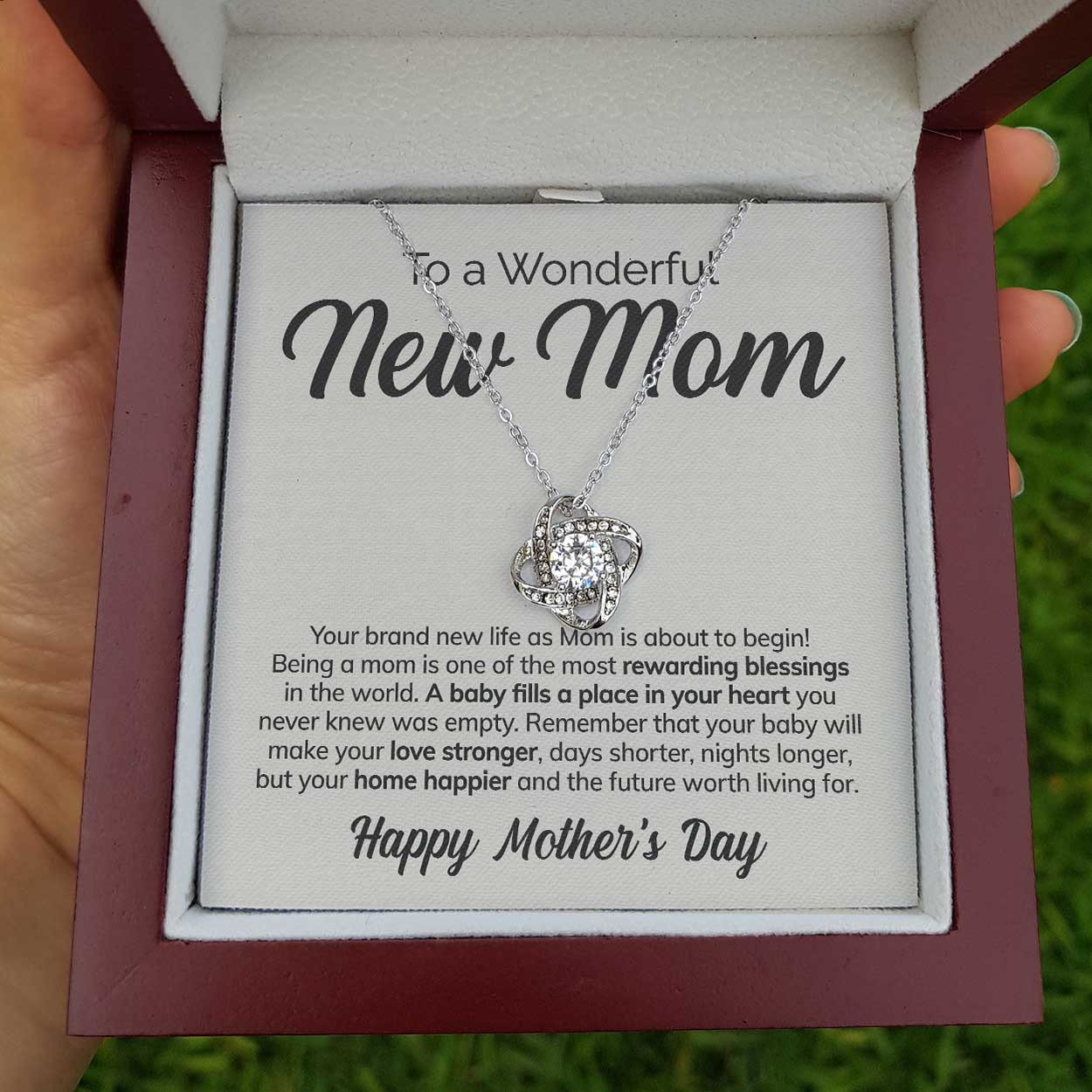 ShineOn Fulfillment Message Cards Standard Box To a Wonderful New Mom - Rewarding Blessings - Love Knot Necklace