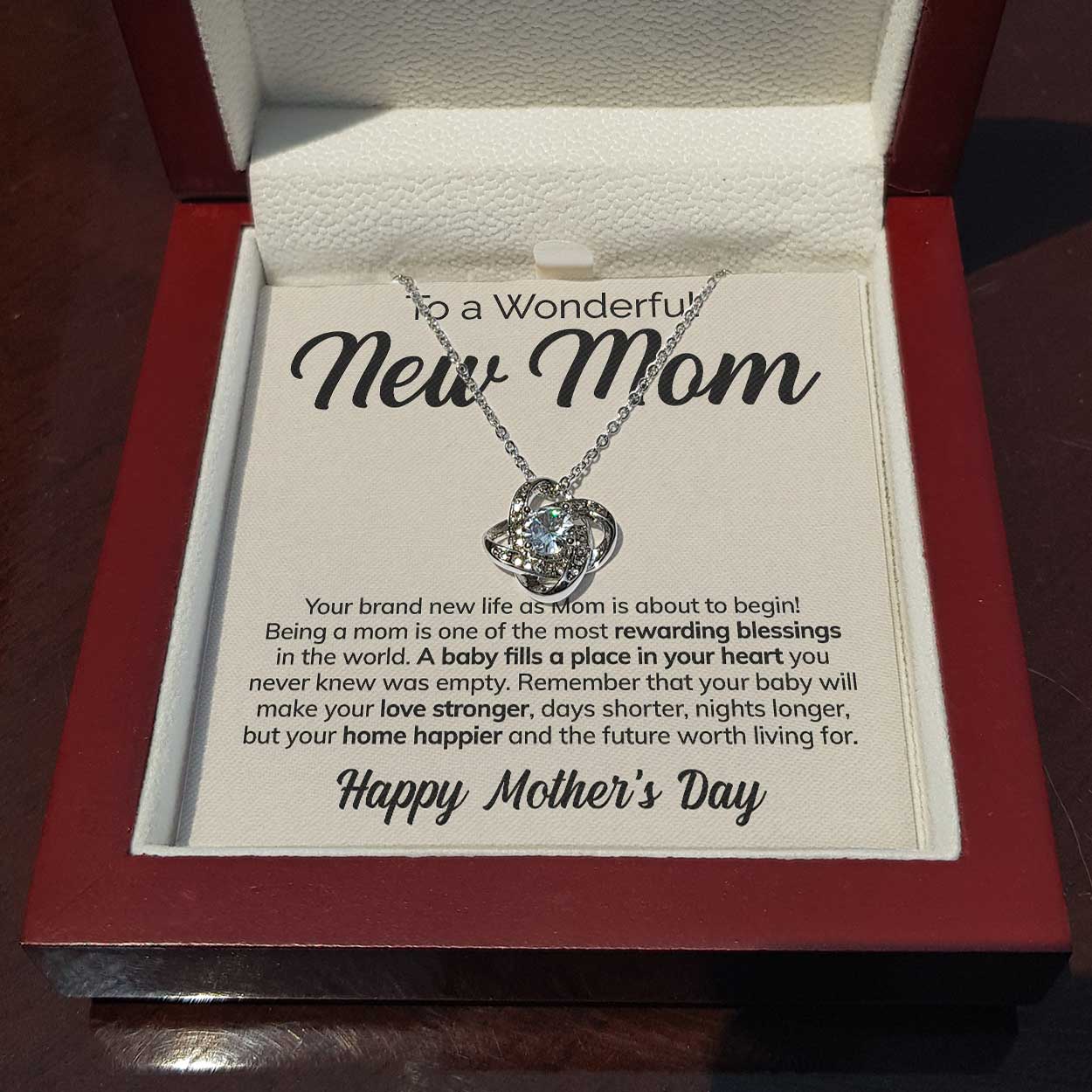 ShineOn Fulfillment Message Cards Standard Box To a Wonderful New Mom - Rewarding Blessings - Love Knot Necklace